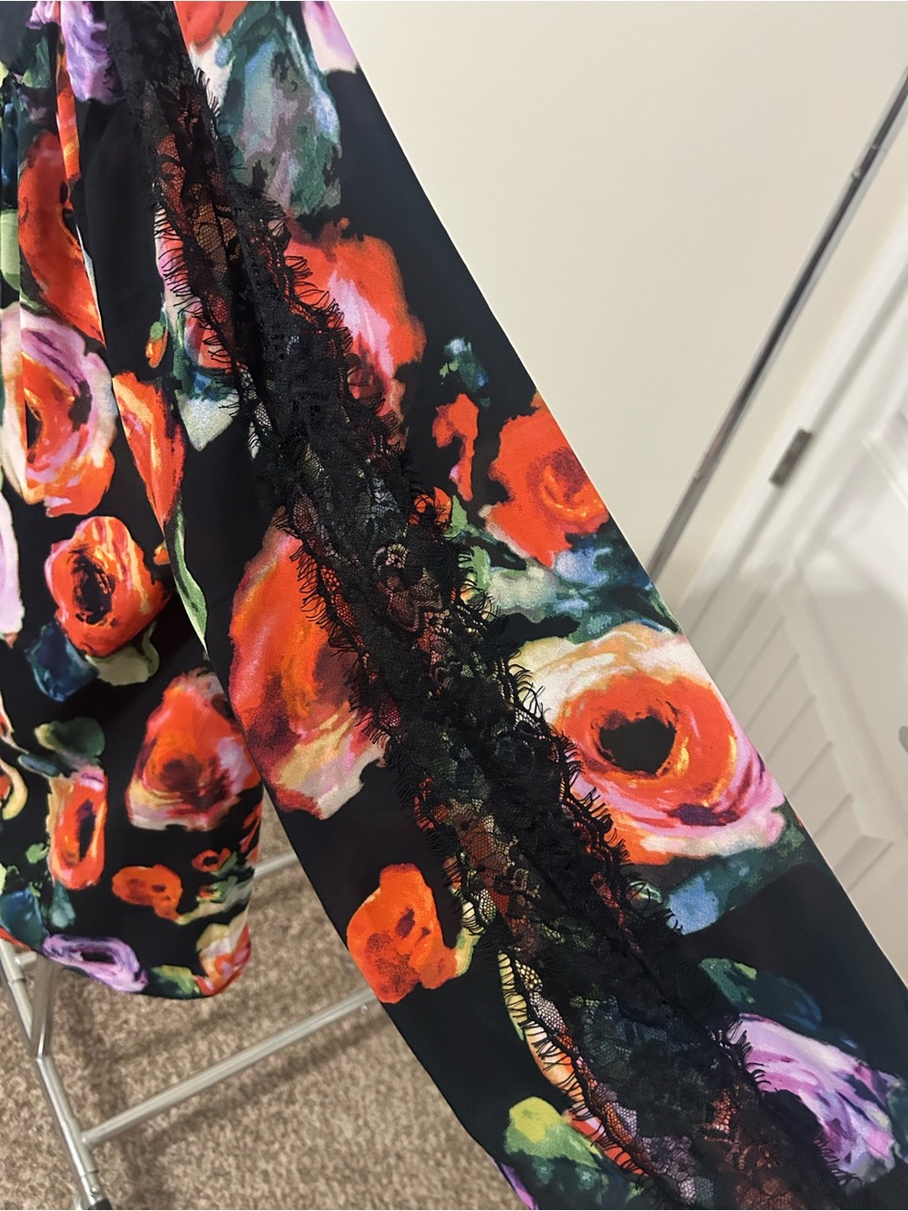 Floral Tie-Neck Blouse in Black with Multicolor Print - Picture 5 of 6